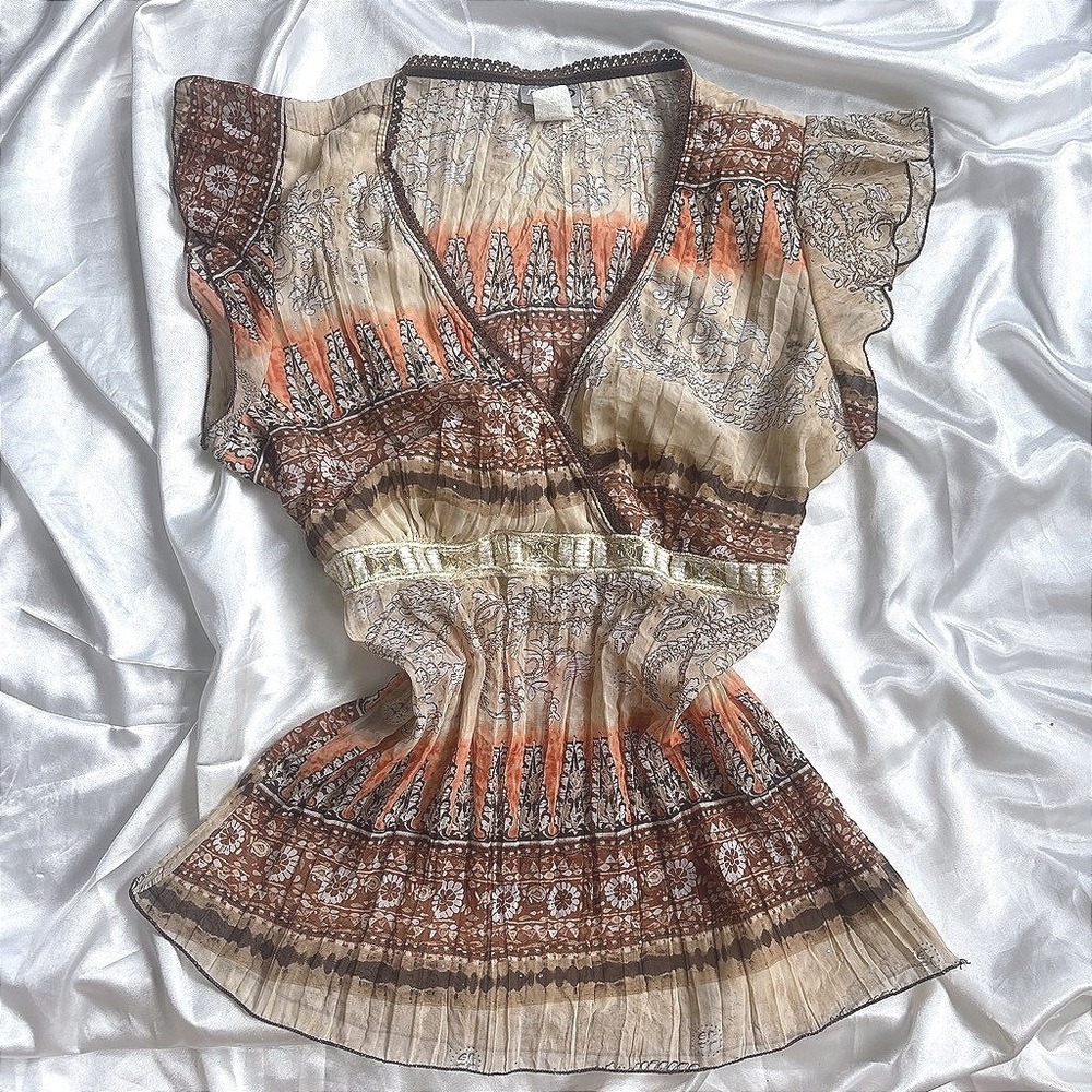 y2k vintage Rave Blouse Brown Paisley Sequin Empire Waist Top L